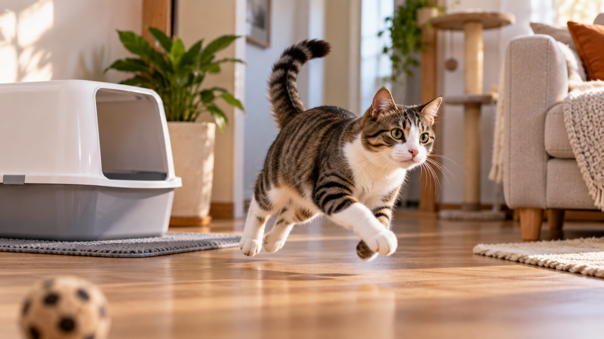 Por que os gatos correm pela casa depois de usar a caixa de areia?