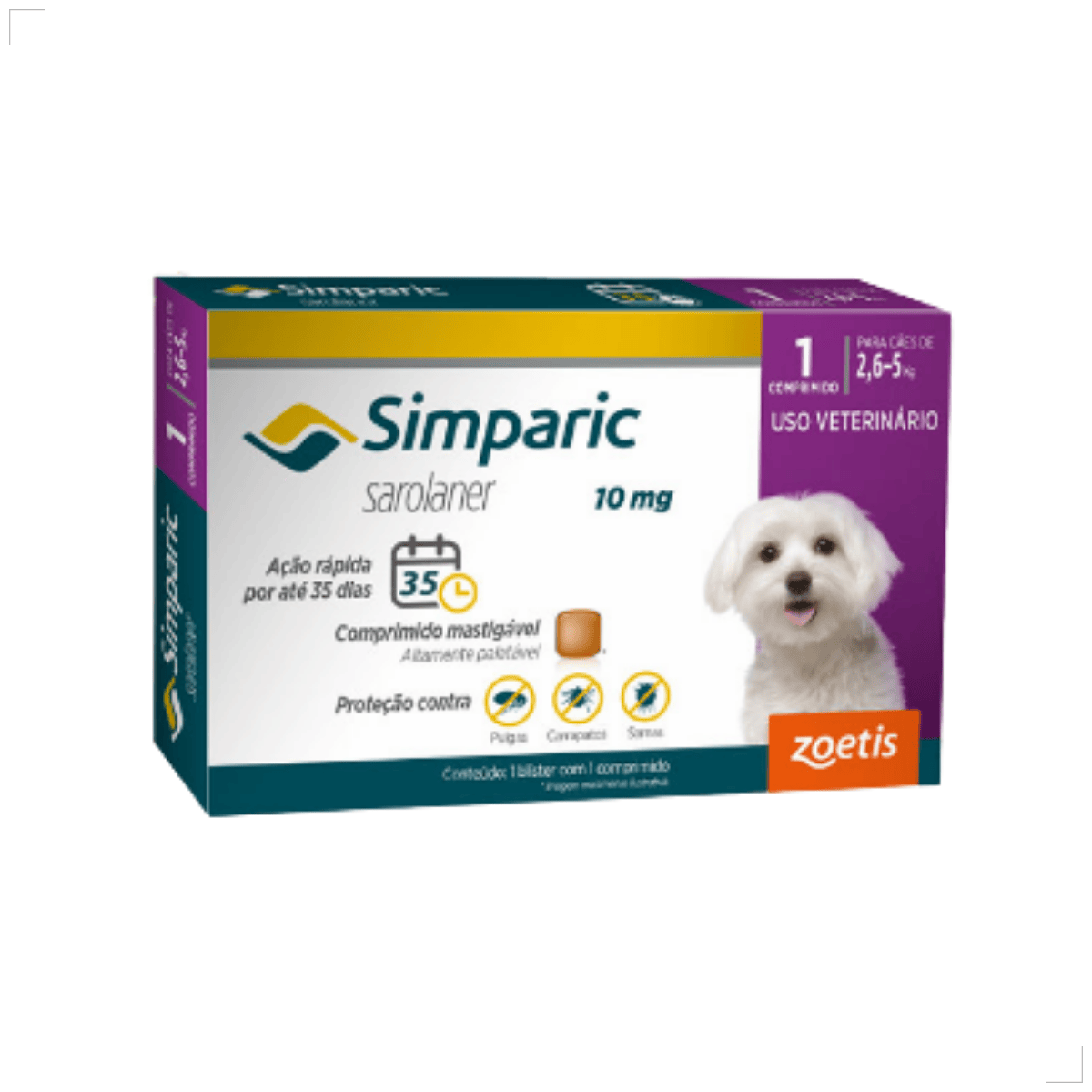 Zoetis Simparic 10 mg para Cães 2,6 a 5 Kg 1comprimido pulgas e carrapatos