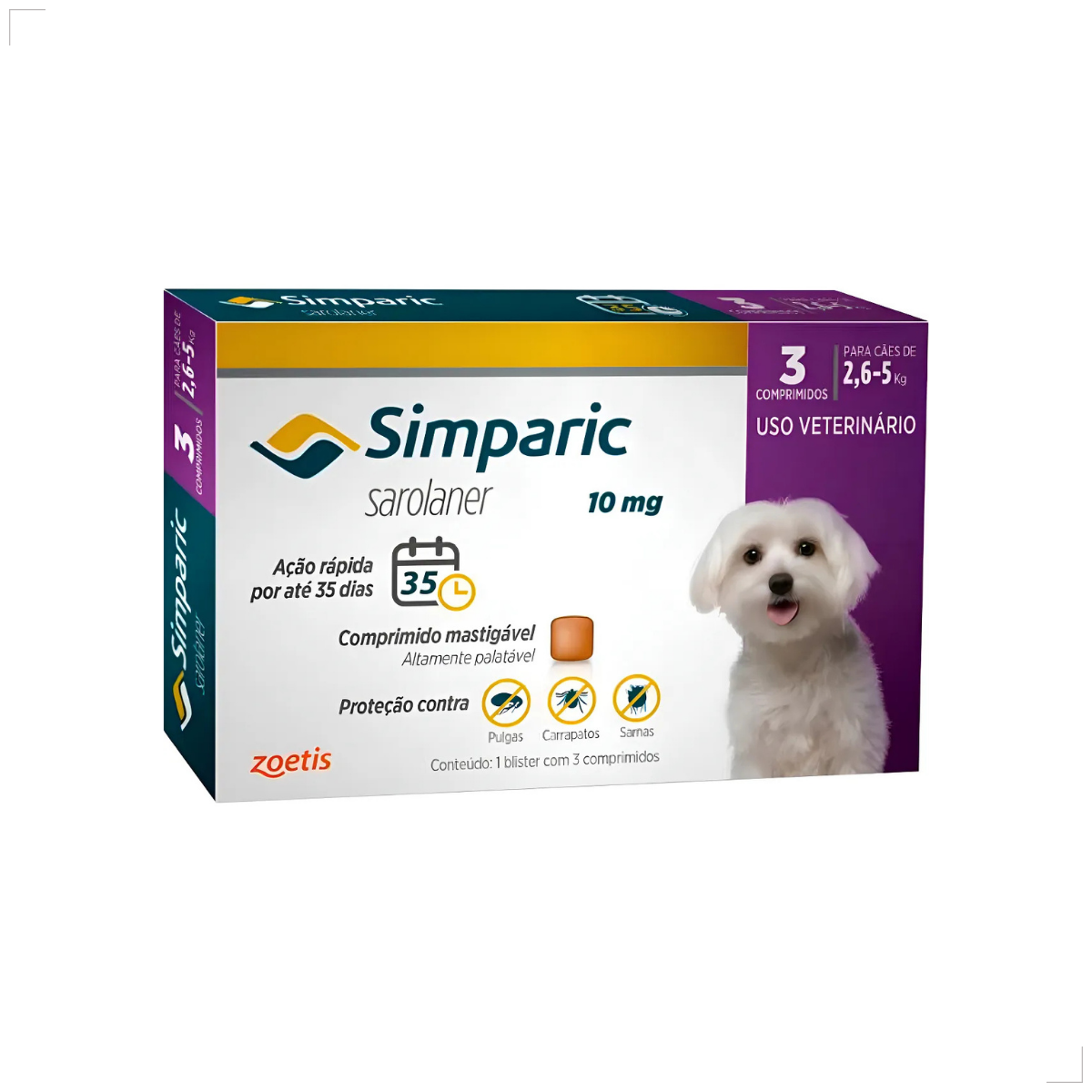 Zoetis Simparic 10 mg para Cães 2,6 a 5 Kg 3 comprimido pulgas e carrapatos