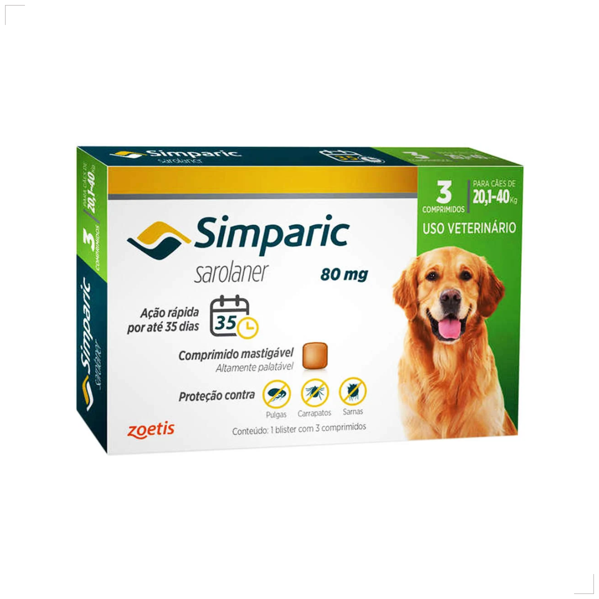 Zoetis Simparic 80 mg para Cães 20,1 a 40 Kg 3 comp