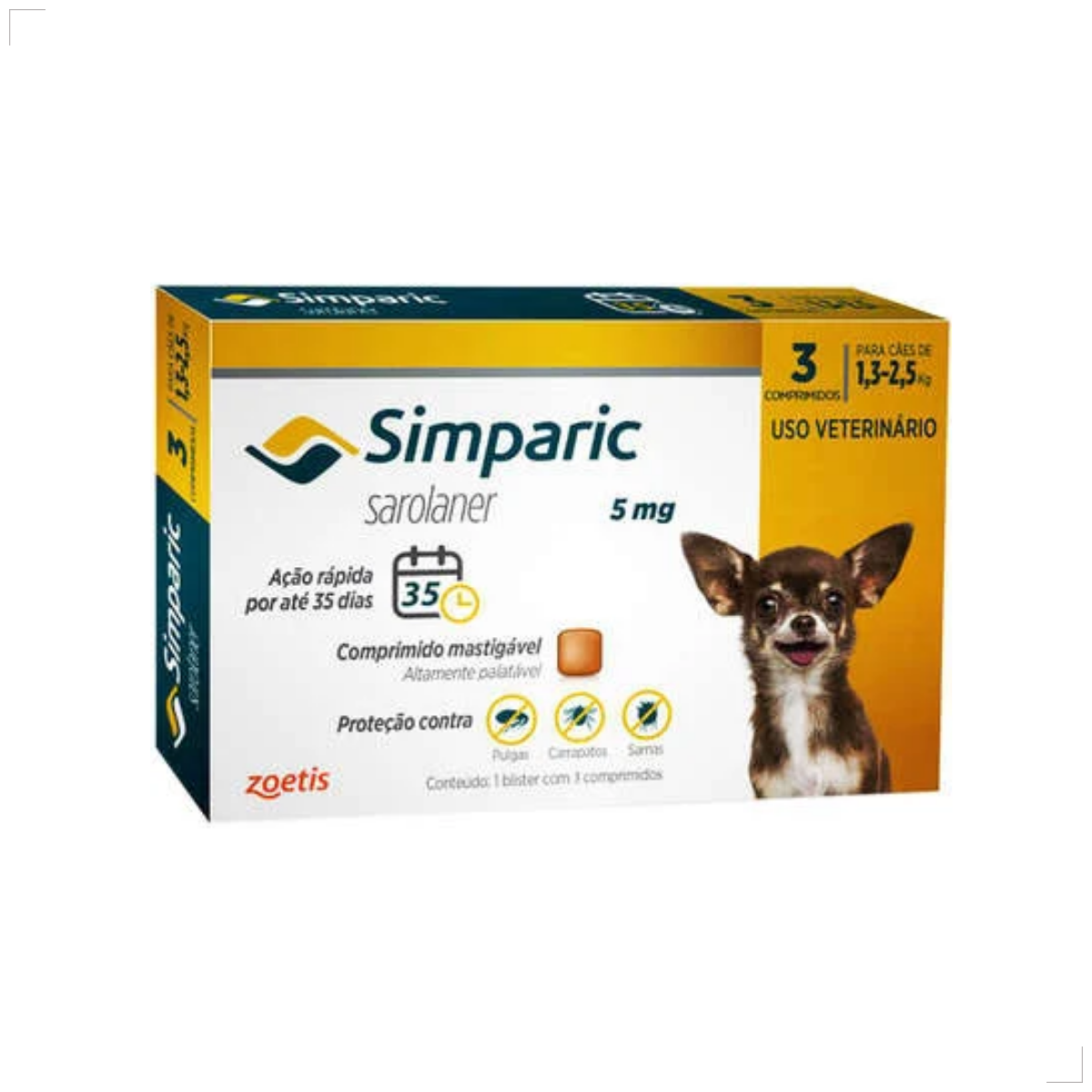 Zoetis Simparic 5 mg para Cães 1,3 a 2,5Kg 3 comprimido pulgas e carrapatos