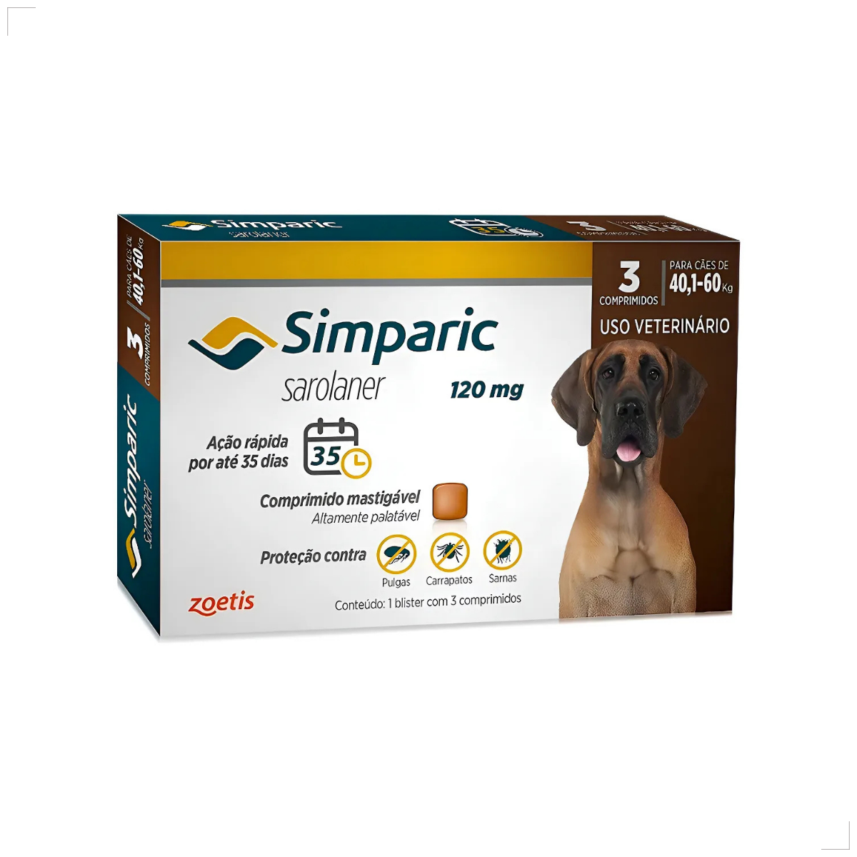 Zoetis Simparic 120mg 3 Comprimidos Cães 40.1 A 60 Kg