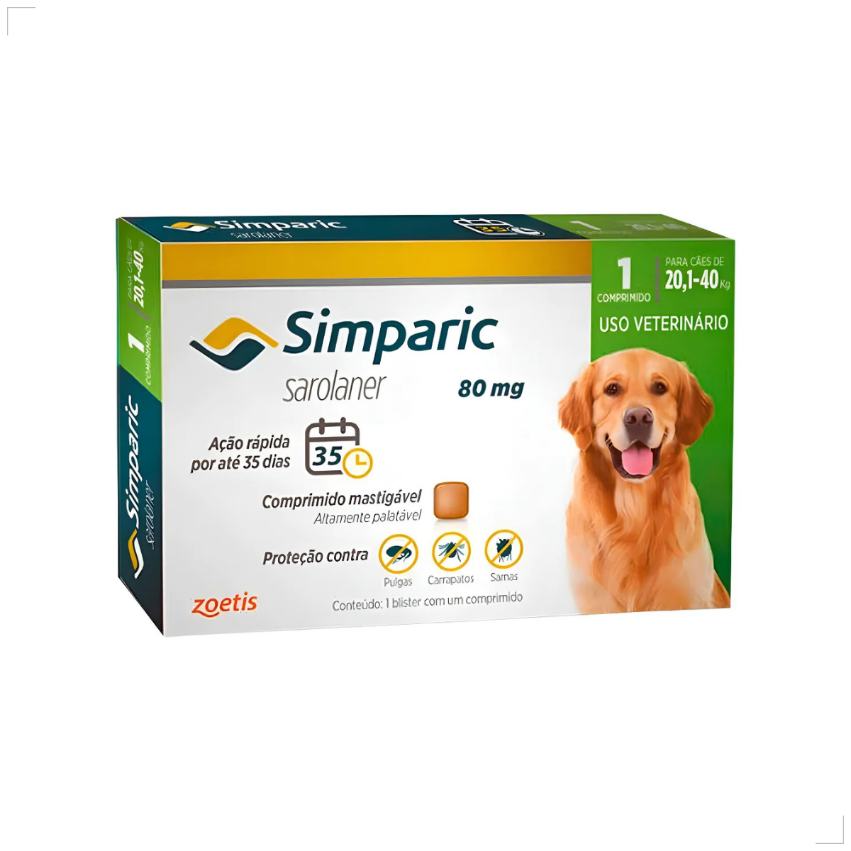 Zoetis Simparic 80 mg para Cães 20,1 a 40 Kg 1comprimido pulgas e carrapatos