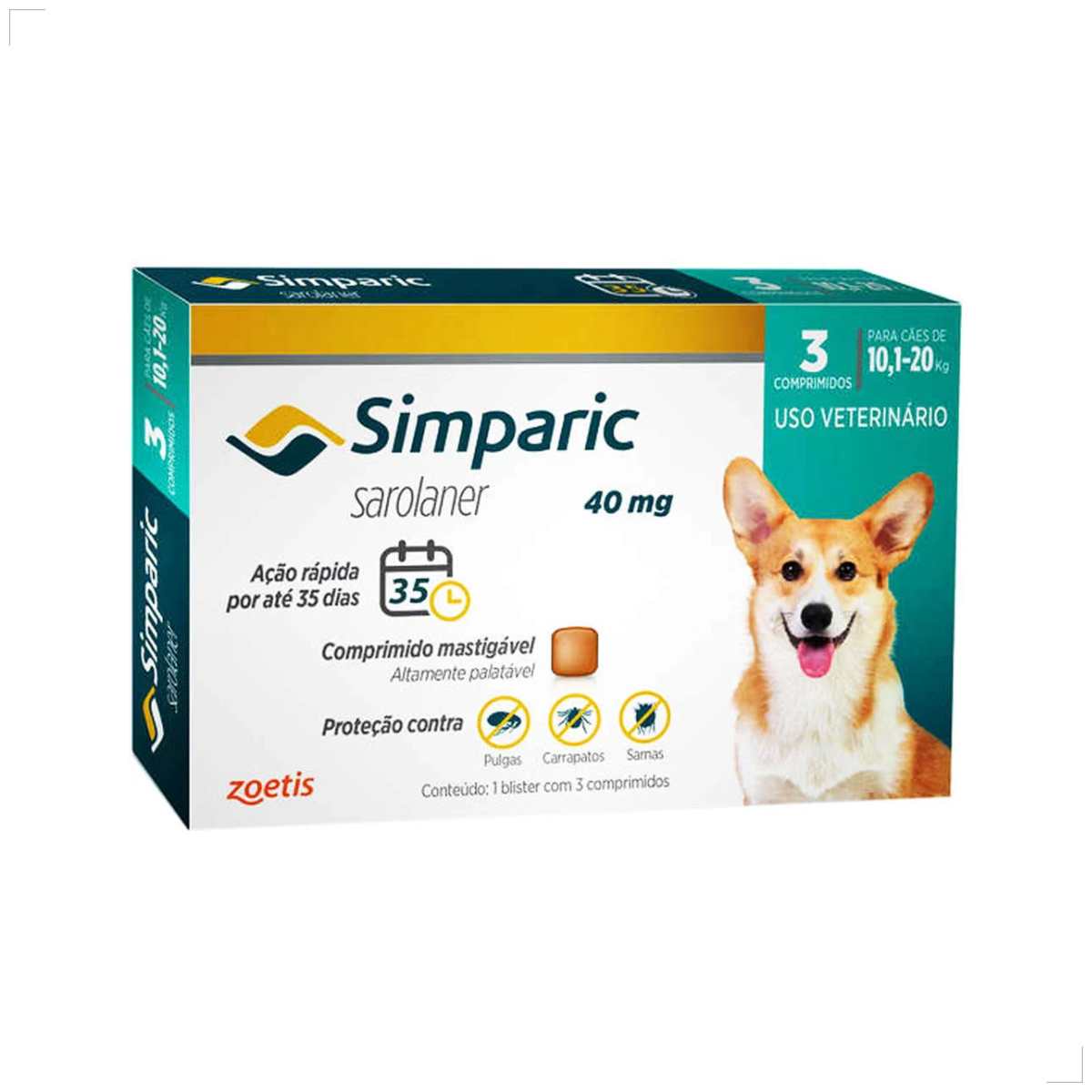 Simparic 40 Mg Antipulgas Cães 10 A 20 Kg 3 Comp Zoetis