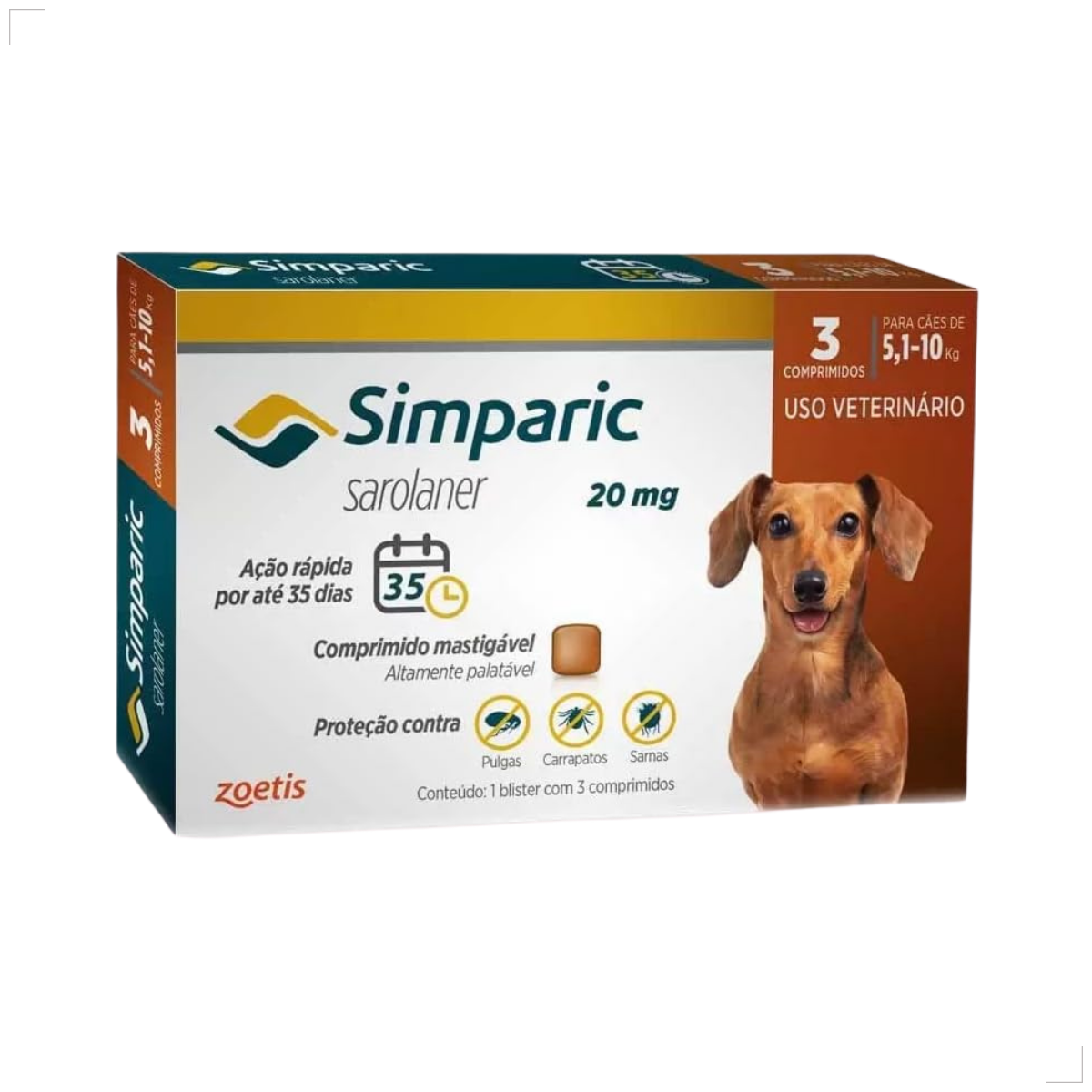 Antipulgas Zoetis Simparic 20mg Cães De 5,1kg A 10kg 3 Comp