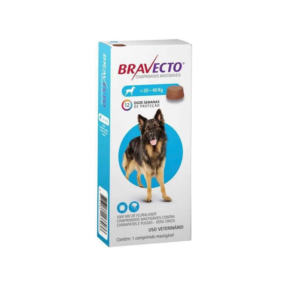 Bravecto Carrapatos Antipulgas Cães De 20 A 40 Kg Msd 1000mg