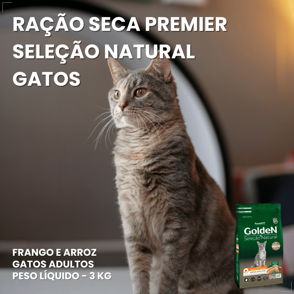 Ração Golden Seleção Natural Gatos Adulto Frango e Arroz 3kg