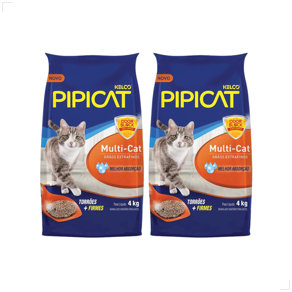 Kit 2 Pipicat Areia Higiênica para Gatos Muti Cat 4kg Odor bloqueado Gãos extrafino