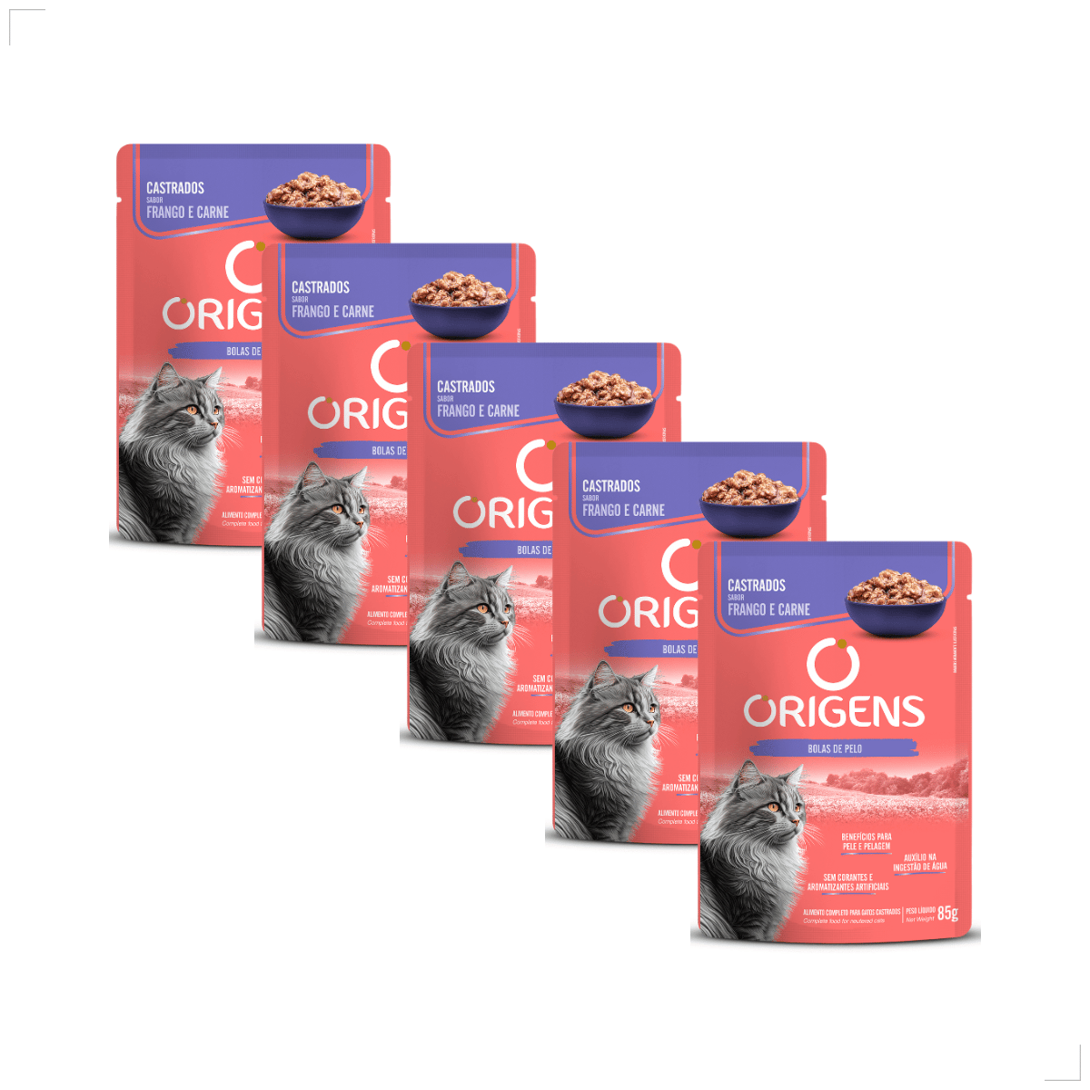 Kit 5 Ração Sachê Origens Gatos Adulto Filhote Castrado 85g