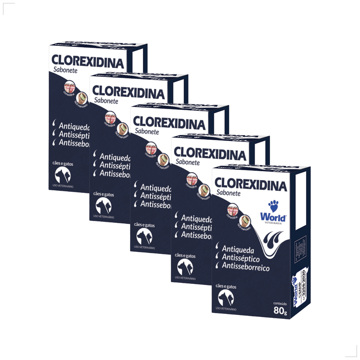 Kit 5 Sabonete Clorexidina Cães Gatos World Veterinária 80g