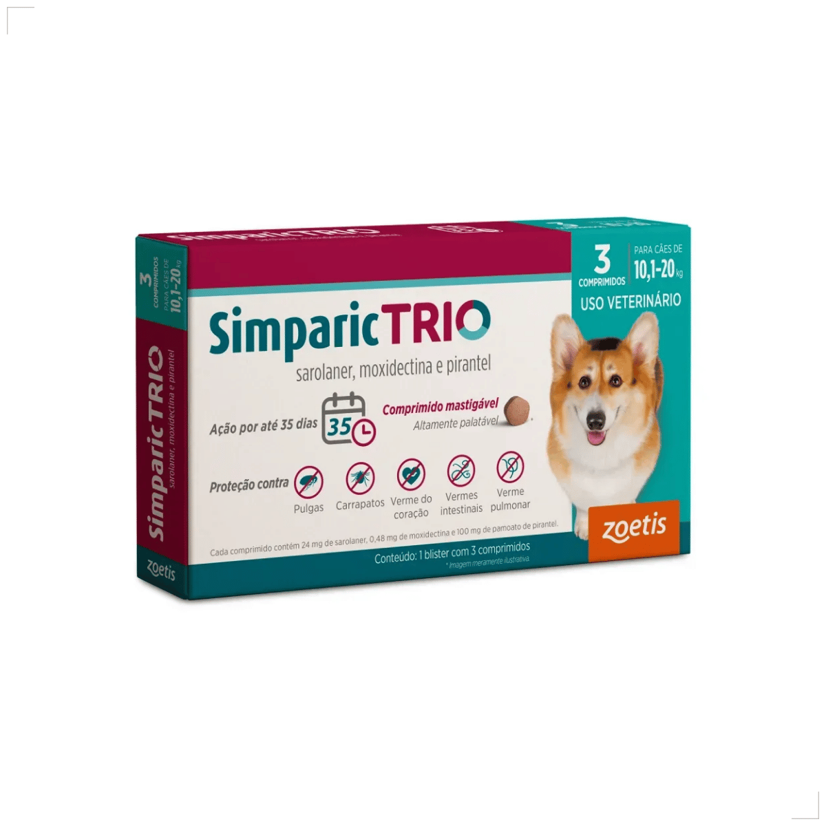 Simparic TRIO Cão 10,1 a 20kg Vermífugo Pulga Carrapato 3 Comprimidos