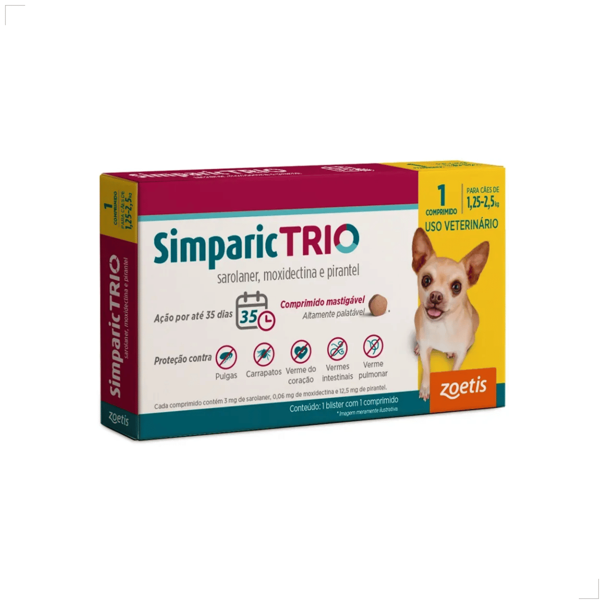 Simparic TRIO Cães 1,25 a 2,5kg Vermífugo Pulgas Carrapatos 1 Comprimido