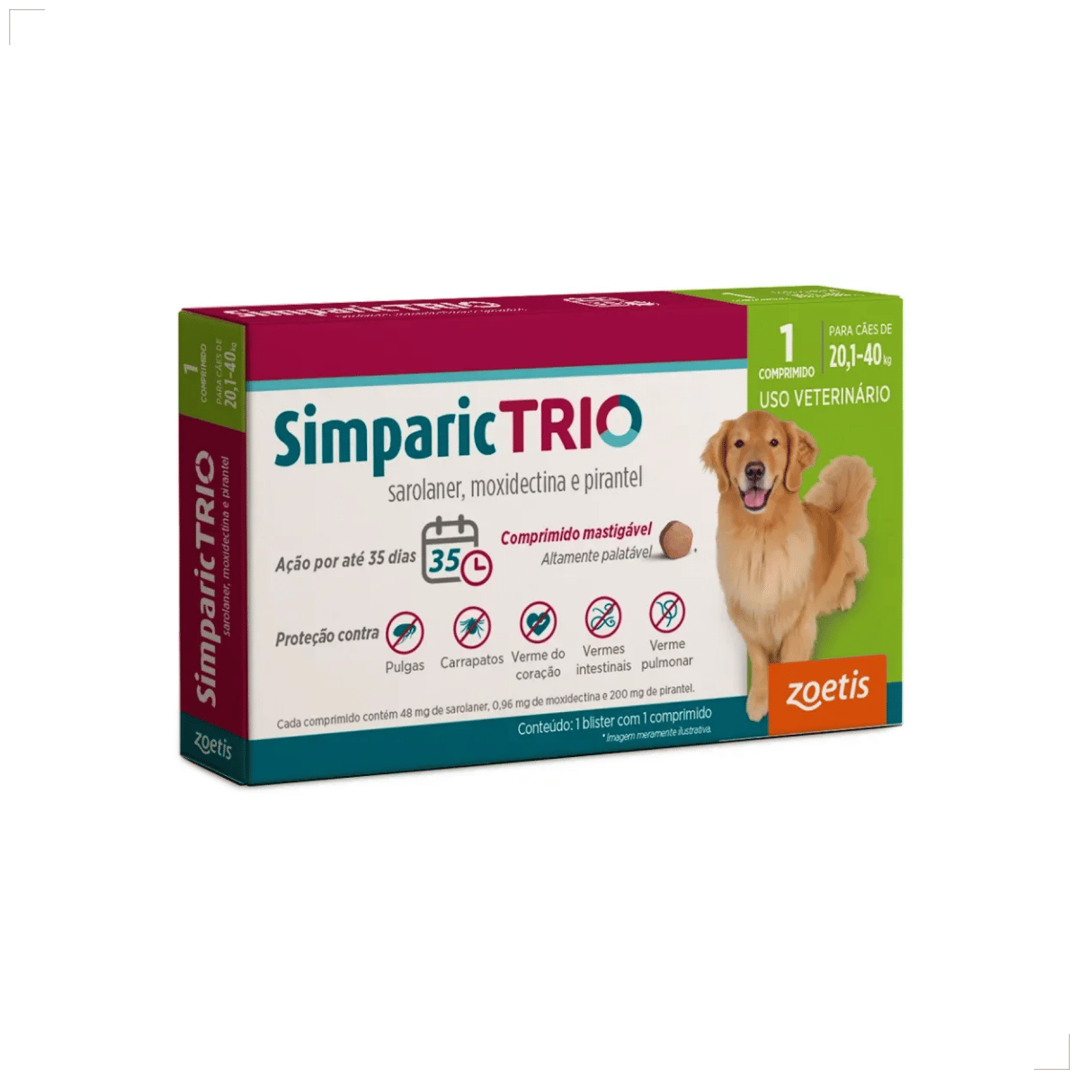 Simparic TRIO Cão 20,1 a 40kg Vermífugo Pulga Carrapato 1 Comprimido