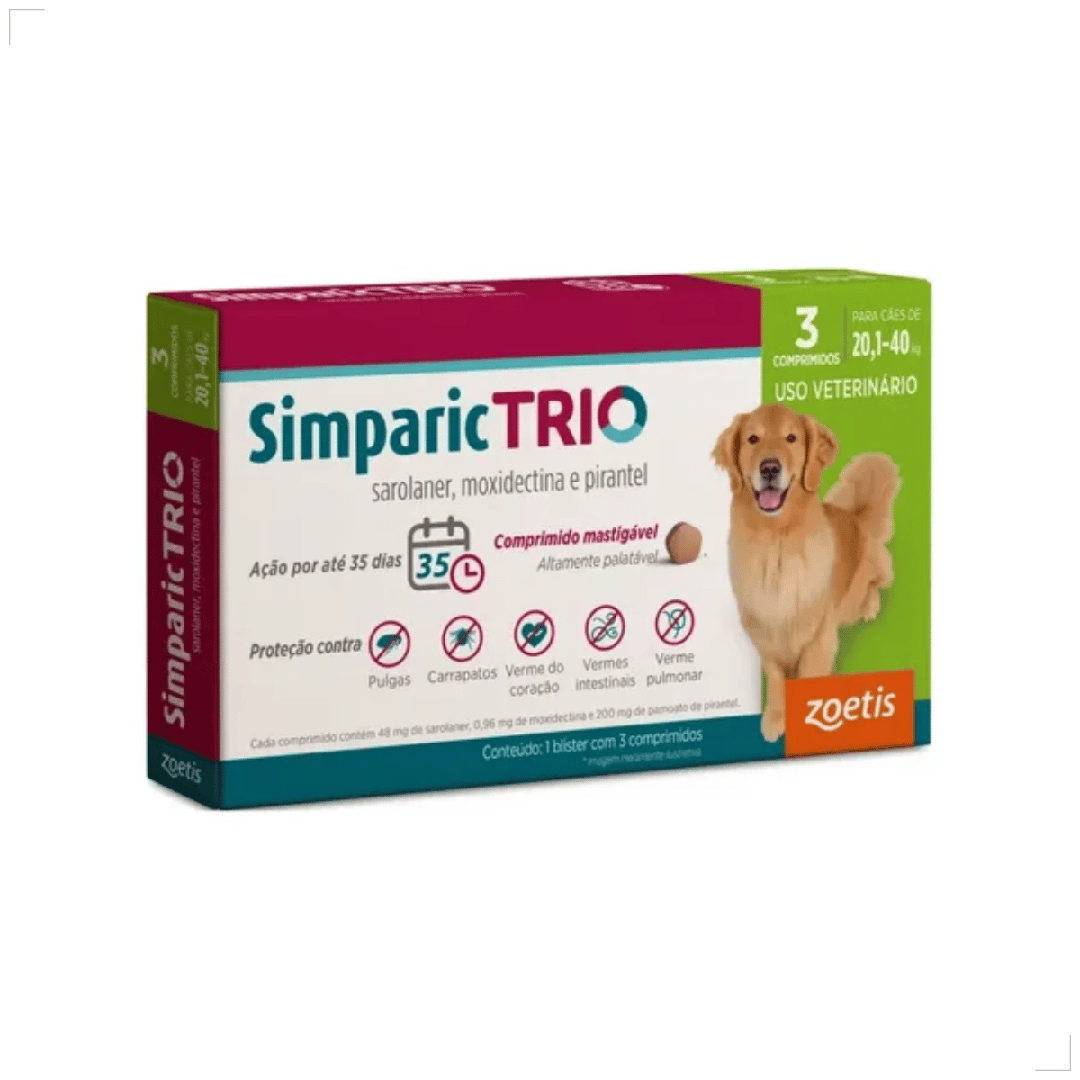 Simparic TRIO Cão 20,1 a 40kg Vermífugo Pulga Carrapato 3 Comprimidos