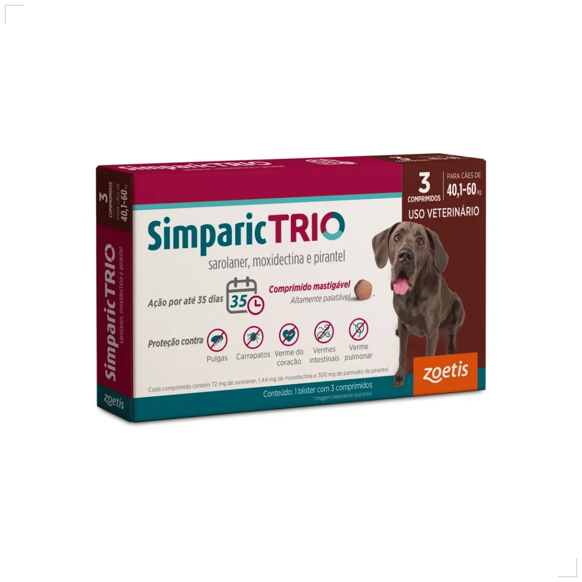 Simparic TRIO Cão 40,1 a 60kg Vermífugo Pulga Carrapato 3 Comprimidos