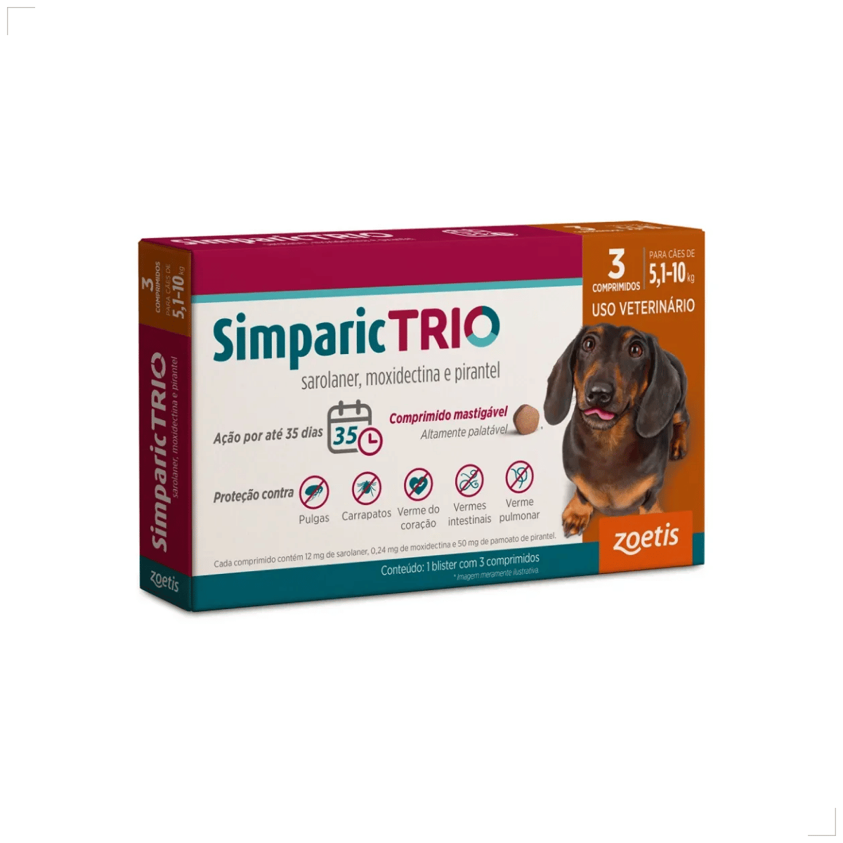 Simparic TRIO Cães 5,1 a 10KG Vermífugo Pulga Carrapato 1 Comprimido