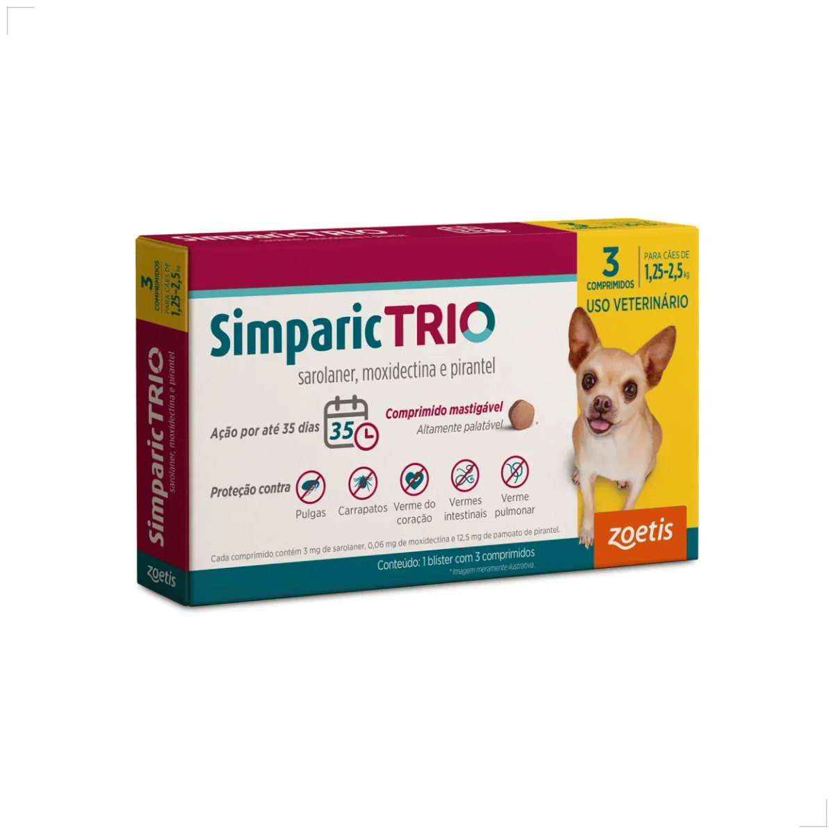 Simparic TRIO Cão 1,25 a 2,5kg Vermífugo Pulga Carrapato 3 Comprimidos
