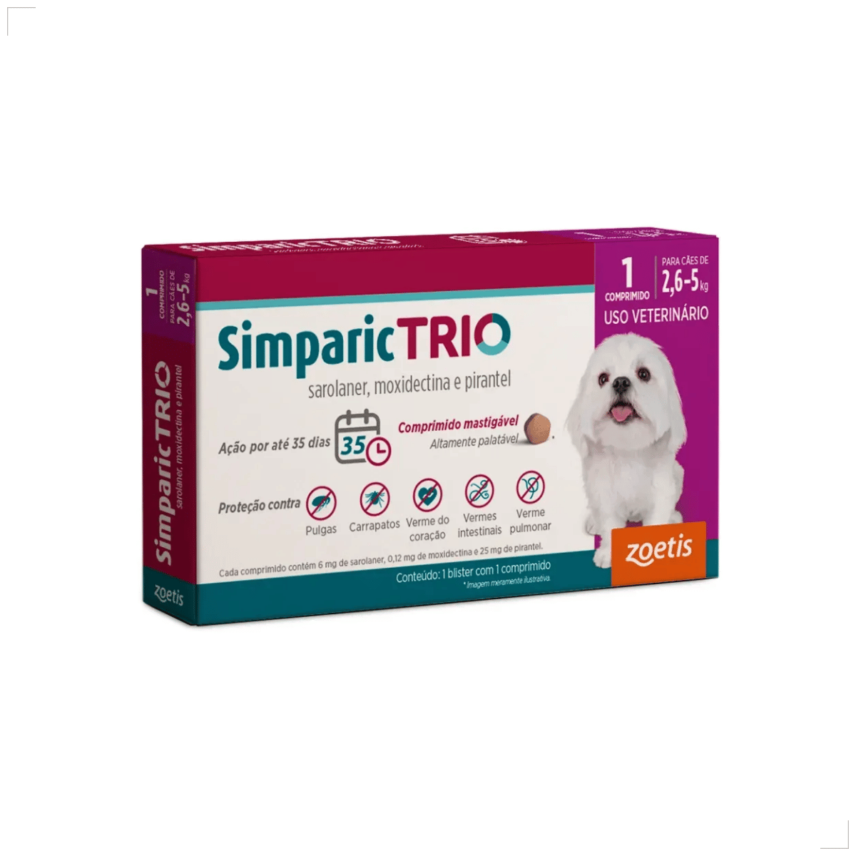 Simparic TRIO Cães 2,6 a 5KG Vermífugo Pulga Carrapato 1 Comprimido