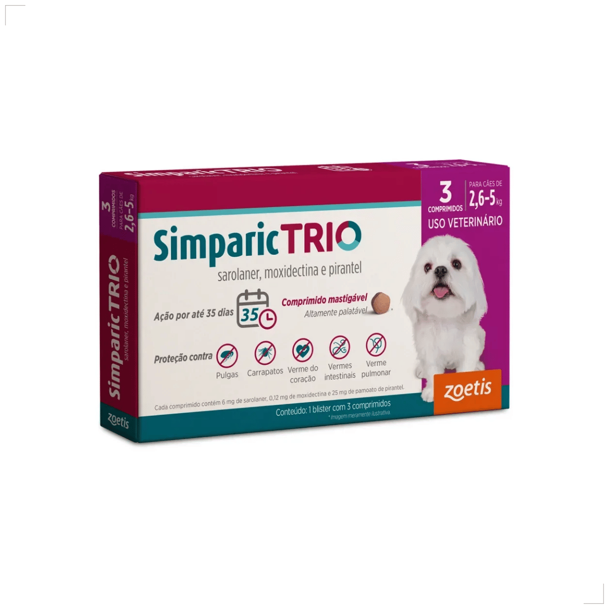 Simparic TRIO Cães 2,6 a 5KG Vermífugo Pulga Carrapato 3 Comprimidos