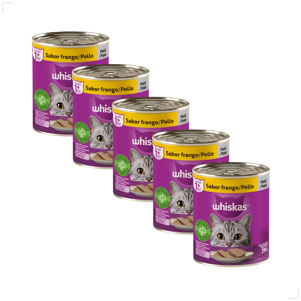Kit 5 Ração Úmida para Gatos Adultos WHISKAS Lata Patê 290g