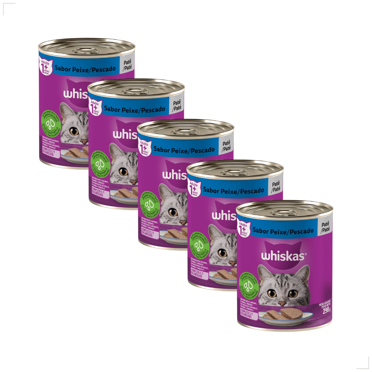 Kit 5 Ração Úmida para Gatos Adultos WHISKAS Lata Patê 290g